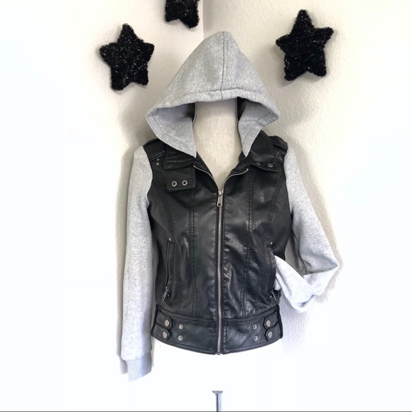 Full Tilt Jackets & Blazers - Black Faux Leather Grey Sleeves Hoodie Bomber L
